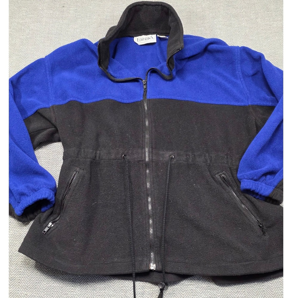 Basic Editions Blue Black Colorblock Fleece Jacket Full Zip Drawstring Largeβ